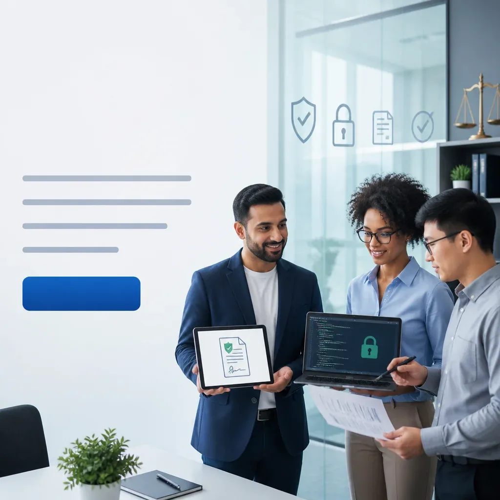Professional legal consultation for software company with laptop and contract